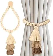 2Pcs Magnetic Curtain Tiebacks, Wood Bead Curtain Tiebacks with Tassel, Decorative Curtain Holdbacks, Rustic Boho Curtain Tie Backs Curtain Ties No Tools Required for Home Bedroom Office (Coffee)