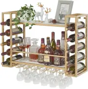 Wall Mounted Wine Rack with Glass Holder, Metal Bottle Holder Wine Storage Displ