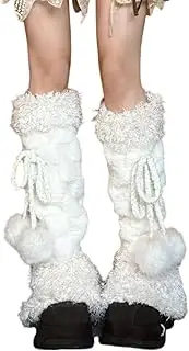 [Oxtxuzdm] Winter Faux Furs White Leg Warmers with Sweet Plush Balls Bowknot for Women Cozy Thermal Fuzzy Boot Covers Long Socks