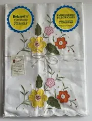 VTG Pair Belcrest’s Embroidered Pillow Cases Wildflower Floral Percale - NEW
