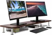 Large Dual Monitor Stand for Computer Screens Solid Bamboo Supports Brown
