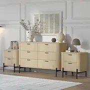 Merryluk Fluted 6 Drawer Chest of Drawers Dresser Lowboy with 2 Fluted Bedside Tables,Bedroom Storage Cabinet Storage Organizer Cabinet for Bedroom, Living Room