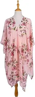 [YINGDF] Summer Bikini Beach Sunscreen Blouse - Pink Flowers Print Travel Mid-Length Cover Up Kimono Cardigan Shawl Sun Protection For Women Vacation Outer Wear