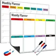 Magnetic Dry Erase Calendar for Fridge: Pack of 2-14.6” x 11.6” Magnetic Monthly and Weekly Planner for whiteboard, Family Organizer and Schedule Board for Home and Office