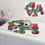 Colorful Roller Skates Dish Drying Mats for Kitchen Counter, Absorbent Microfiber Kitchen Dishes Drainer Mat Large Dish Drying Pad with Hook Coffee Mat Kitchen Accessories 18x24 Inch
