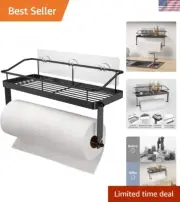 Durable Matte Black Paper Towel Holder Shelf - Easy Adhesive Installation