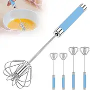 4Pcs Egg Whisk Stainless Steel Egg Beater Hand Push Whizzy Whisk with Ergonomic Handle Rustproof Hand Whisk Semi Automatic Egg Mixer for Whisking Baking Stirring