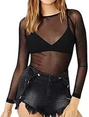 [ZPLxi] Women's Sheer Tops Long Sleeve Mesh Sheer Top See Through Blouse Party Club Shirt