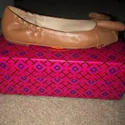 new tory burch flats shoes bow tan 6 leather