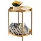 2 Tier Gold Side Table Folding Round Metal End Table Small Nightstand Accent ...