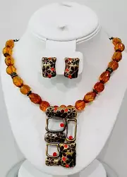 Vintage Brass Finish Lucite Bead Crystal Necklace 14”+6” Ext Clip Earrings Set