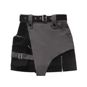 Short-Sleeve Color Block Belted Cutout Crop Tee / Tank Top / Stand Collar Zip Jacket / High Waist Slit Midi Pencil Skirt / Mini Skirt 23W051 - Mini Skirt - Black & Gray - S