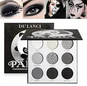Black Smoky Eyeshadow Palette, DE'LANCI PANDA 9 Colours True Black Dark Grey Smokey Eyeshadow Palette Goth Makeup Pallet, Soft Matt Shimmer High Pigmented Basic Black White Grey Shade for Halloween