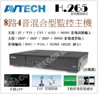 在飛比找Yahoo!奇摩拍賣優惠-陞泰AVTECH 8路4聲 DVR H.265 500萬 網