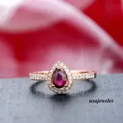 Genuine Red Ruby 1.54CT Pear Shape Wedding Halo Jewelry Ring 14K Yellow Gold FN