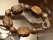 Vintage Carved Tigers Eye Bronze Druzy Druse Sterling Silver Toggle Bracelet NWT