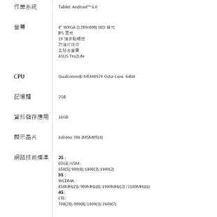 (福利品） ASUS ZenPad 8.0 Z380KNL 8吋 通話平板