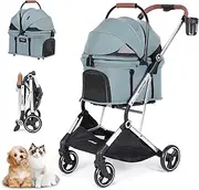 Beberoad Pets T3 Pro 3 in 1 Small Pet Stroller for Dog & Cats, 4 Wheels with Detachable Carrier with Pad, Canopy and Cup Holder, Green