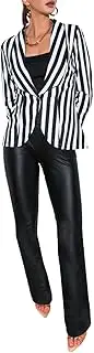 [Kromoc] Women's Black and White Wide Stripes Blazer One Button Shawl Lapel Suit Jacket for Party/Prom/Business