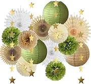 Olive Green and Brown Party Decorations Paper Lanterns and Fans Olive Green Tissue Pom Poms Cream with Gold Star Garland for Baby Shower Bridal Shower Wedding Birthday Party Decorations