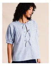 [Piper] Tie Front Blouse in Blue