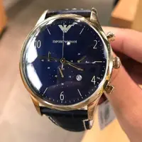 在飛比找iOPEN Mall優惠-ARMANI手錶 阿曼尼男錶 真皮三眼計時日曆防水石英錶 藍