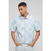 Mens Blue Oversized Boxy Checkerboard Collared Shirt