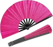 Qyeahkj Glitter Hot Pink Hand Fan Large Folding Hand Fan - Rave Clack Handheld Fans Chinese Tai Chi Kung Fu Fans for EDM Club Party Dance Performance Role Playing Concerts Supplies for Men Women