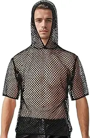 [FEOYA] Men's Mesh Sheer Undershirts See-Through Mesh Crop Top Long Sleeve Shirt Lace Up Shrug Tops Mesh Clubwear Muscle Top Shirt Gym Workout Tops