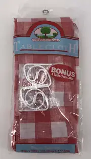 The Great Outdoors Red Gingham Picnic Table Cloth 52” X 70”Plastic With 4 CLIPS