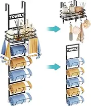 Over The Door Towel Racks for Bathroom, 6 Tier Wall Mounted Towel Rack, Detachable Black Bathroom Towel Holder with Metal Shelf Basket and Hooks, Rolled Towel Hanger Organizer (Black)