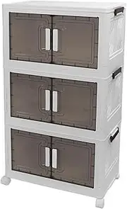 Storage Bins, Stackable Storage Bins with Lids, Double Doors & Wheels, Collapsible Plastic Closet Organizers and (Medium 52x36x8cm/20.5x14.2x3.1in 3 layers)