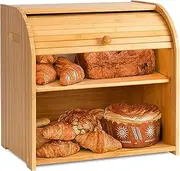 BYUNER Bread Boxes Bamboo Bread Storage Double Layer Bread Box Large Capacity Bread Container Roll Top Breadbox Wooden Kitchen Food Keeper Storage Container