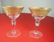 NOS Set 2 Glastonbury Etched Gold Coupe Glasses 5.5” Vintage Elegant Barware