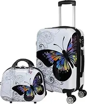[World Traveler] Black and White Butterfly 2-Piece Carry-on Spinner Luggage Set, Multicolor, 20x13x9 inches, Multicolor, 20x13x9 inches, Black and White Butterfly 2-Piece Carry-on Spinner Luggage Set