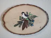 Handmade wood burning art, pyrography of Black Cap Chickadee, Painted