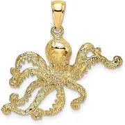[JewelryWeb] 14ct Gold Octopus 2 d/Textured Charm Pendant Necklace 26x28mm Wide 3.9mm Thick