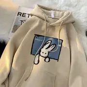 Rabbit Print Hoodie With Lining - Almond - M
