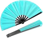 Qyeahkj Glitter Green Hand Fan Large Folding Hand Fan - Rave Clack Handheld Fans Chinese Tai Chi Kung Fu Fans for EDM Club Party Dance Performance Role Playing Concerts Supplies for Men Women