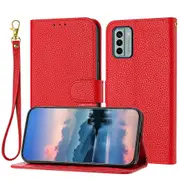 G22 Case Litchi Grain PU Leather Folio Cover Magnetic Closure Flip Wallet Card Slots Stand Case With Hand Strap, Brown - Red