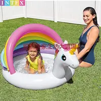 在飛比找蝦皮購物優惠-原裝正品INTEX充氣嬰兒游泳池獨角獸遮陽戲水池沙池海洋球池