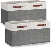 [Temary] 13x13 Storage Cubes 4 Pack Fabric Cube Storage Bins Large Storage Baskets with Leather Handles, Decorative Storage Boxes for Organizing Closet, Clothes, Foldable Cloth Baskets for Shelves