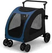 Folding pet Stroller cart for Large Dog,Cabin with Front and Back mesh Door,top mesh Window,Shock Absorber Swivel Front Wheel,Rear Wheel with Foot Brakes,Push Trolley pram with Adjustable armrest