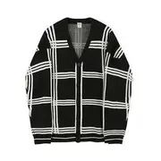V-Neck Plaid Cardigan Black - 2XL