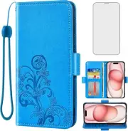 Compatible with iPhone 15 Plus 6.7 inch Wallet Case and Tempered Glass Screen