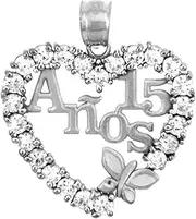[Claddagh Gold] Sterling Silver Sweet 15 Anos Quinceanera Pendant with Cubic Zirconia Heart with Butterfly