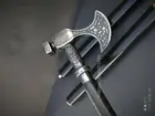 Antique Pewter Axe brass head handle black wooden walking stick cane designer
