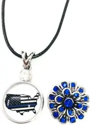 America USA Flag Officer Thin Blue Line Snap on 18" Leather Rope Diamond Pendant