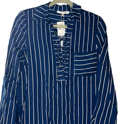 WAYF Navy, Ivory, & Black Pin Striped Sheath Dress, Lace-Up & Pocket Details, M