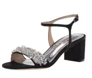 NEW Badgley Mischka Clair Black Satin Ankle Strap Crystal Pearl Heel Sandals